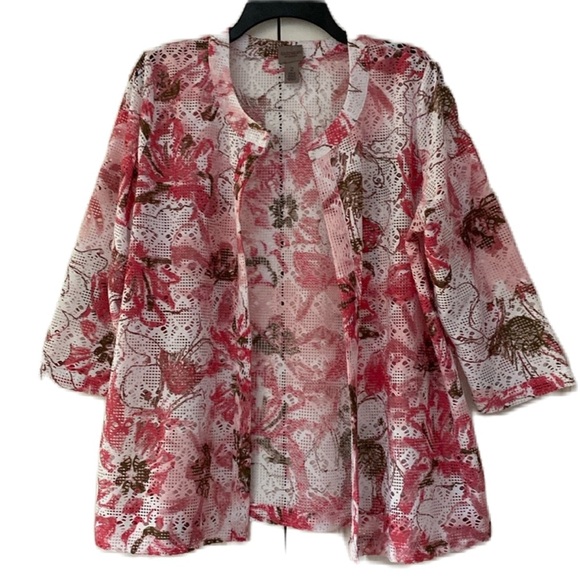 Chico’s Size 2 Mesh Cardigan Floral‎ Print Tunic Colorful Chicos Size Large 3/4 - Picture 1 of 9